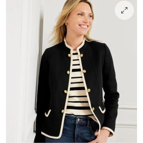 Talbots Blazer Womens 14 Black Military Stretch White Trim Preppy Jacket - Picture 1 of 12